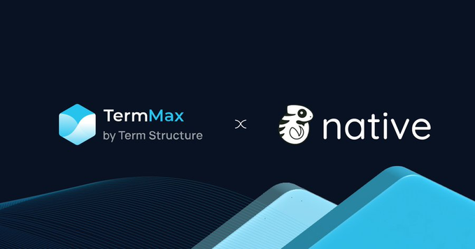 A collaboration announcement graphic featuring the logos of 'TermMax by Term Structure' and 'native' separated by an 'x' on a dark background with blue geometric shapes.