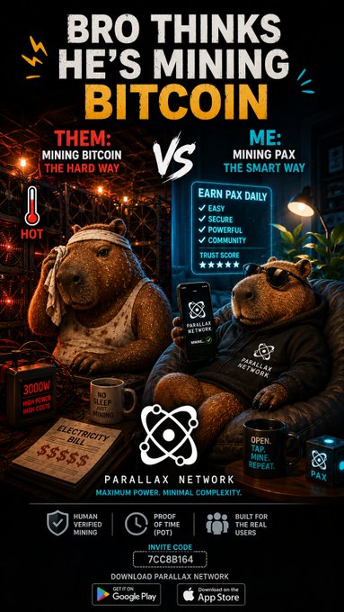 A meme-style advertisement for 'Parallax Network' comparing Bitcoin mining (THEM) vs PAX mining (ME), featuring two bears—one sweating with electricity bills and another holding a phone—with invite code '7CCBB1G4'.