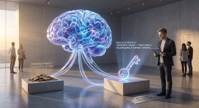 A futuristic gallery scene showing a glowing holographic brain with neural connections leading to a glowing key, with people observing and text mentioning 'NUCLEUS SEZON 2' and 'GROUNDING POINTS / TEMPORARY ACCESS'.