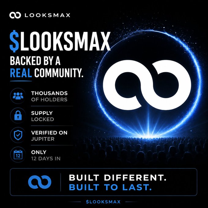 A promotional graphic for the $LOOKSMAX cryptocurrency token, featuring its infinity-style logo inside a glowing blue sphere above a silhouetted crowd, alongside key stats: "Thousands of Holders," "Supply Locked," "Verified on Jupiter," and "Only 12 Days In." The image visually reinforces the post's message about the token's real community backing, with the tagline "Built Different. Built to Last."
