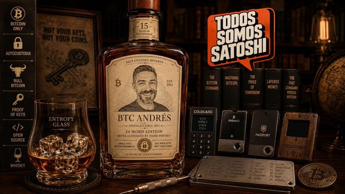 A promotional image for 'BTC ANDRÉS' All Custom Reserve whiskey features a bottle with a label showing a man's face, surrounded by Bitcoin-themed elements including 'BITCOIN ONLY', 'AUTOCUSTODIA', 'BULL BITCOIN', and a speech bubble reading 'TODOS SOMOS SATOSHI'.