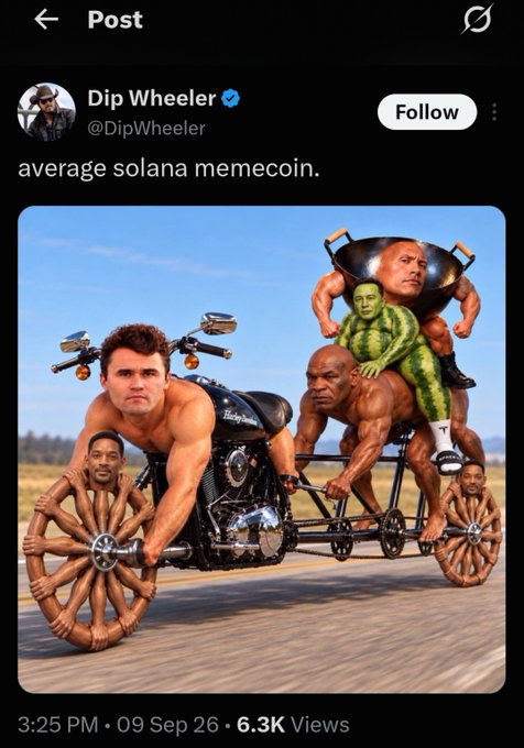 An X (formerly Twitter) post by 'Dip Wheeler' (@DipWheeler) captioned 'average solana memecoin.' features a surreal AI-generated image of muscular men merged with parts of a motorcycle, including faces serving as wheels.