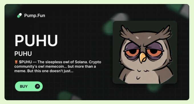 A promotional image from Pump.Fun featuring the PUHU ($PUHU) memecoin, showing a cartoon owl with half-closed, sleepy eyes alongside a green "BUY" button and a description calling it "the sleepless owl of Solana." The visual aligns with the post's message rallying the crypto community to trade PUHU and send the "bird to the moon."