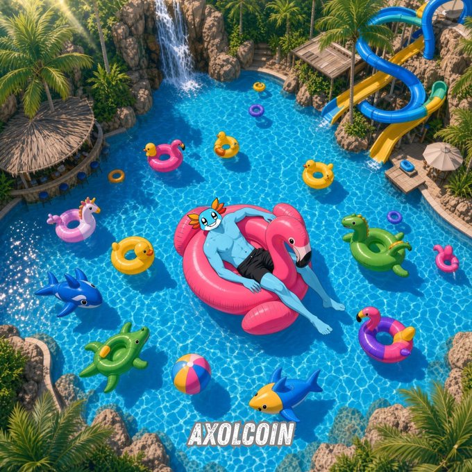 A vibrant digital illustration of a blue axolotl character relaxing on a pink flamingo pool float in a tropical pool with various animal-shaped floats, labeled 'AXOLCOIN' at the bottom.