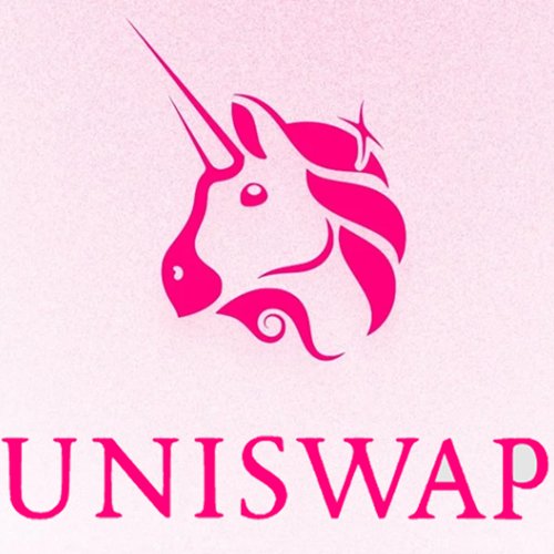 The Uniswap cryptocurrency logo featuring a stylized pink unicorn head above the text 'UNISWAP' on a light pink background.