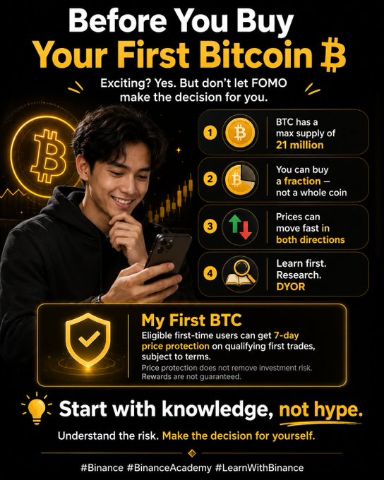 A Binance educational poster titled "Before You Buy Your First Bitcoin ₿" featuring a smiling young man looking at his phone, alongside four key warnings: BTC has a max supply of 21 million, you can buy a fraction not a whole coin, prices move fast in both directions, and to learn first with DYOR. The image also promotes "My First BTC" with 7-day price protection for eligible first-time users, reinforcing the message to "Start with knowledge, not hype" and make informed decisions rather than rushed ones.