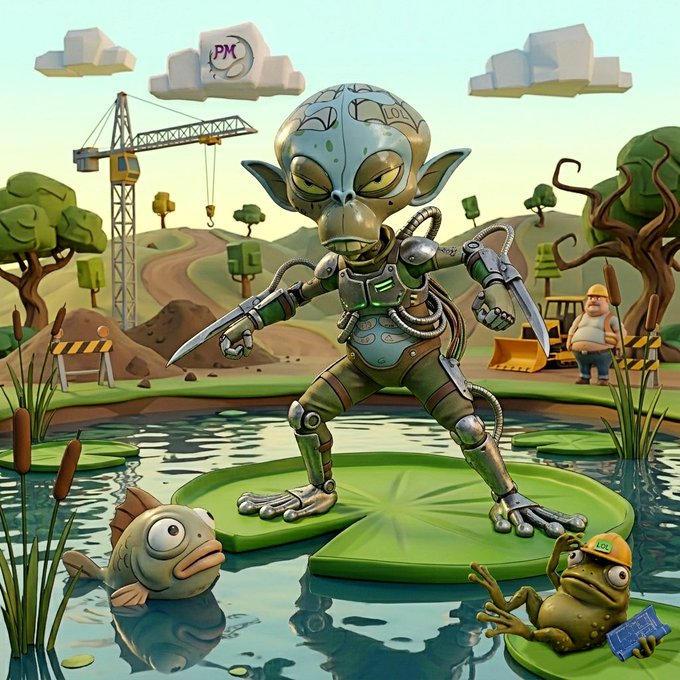A whimsical digital illustration features a cyborg/alien creature with blade arms standing on a lily pad, surrounded by cartoon fish characters in a pond with a construction site in the background, and a 'PM' logo cloud in the sky.