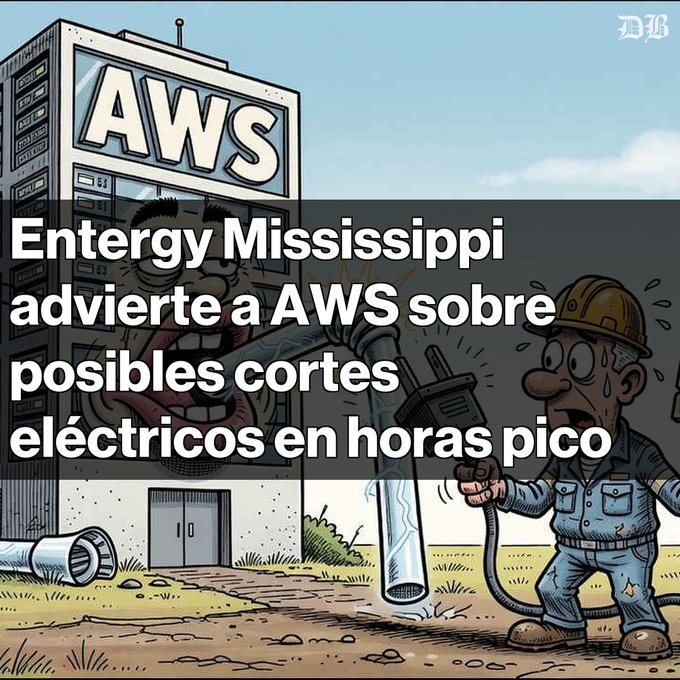 A cartoon-style news graphic with the headline 'Entergy Mississippi advierte a AWS sobre posibles cortes eléctricos en horas pico' depicting a distressed worker holding a hose near an AWS server building.