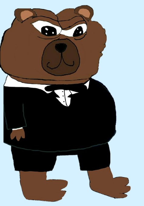 A cartoon illustration of a grumpy-looking brown bear wearing a formal black tuxedo with a white shirt and black bow tie against a light blue background.