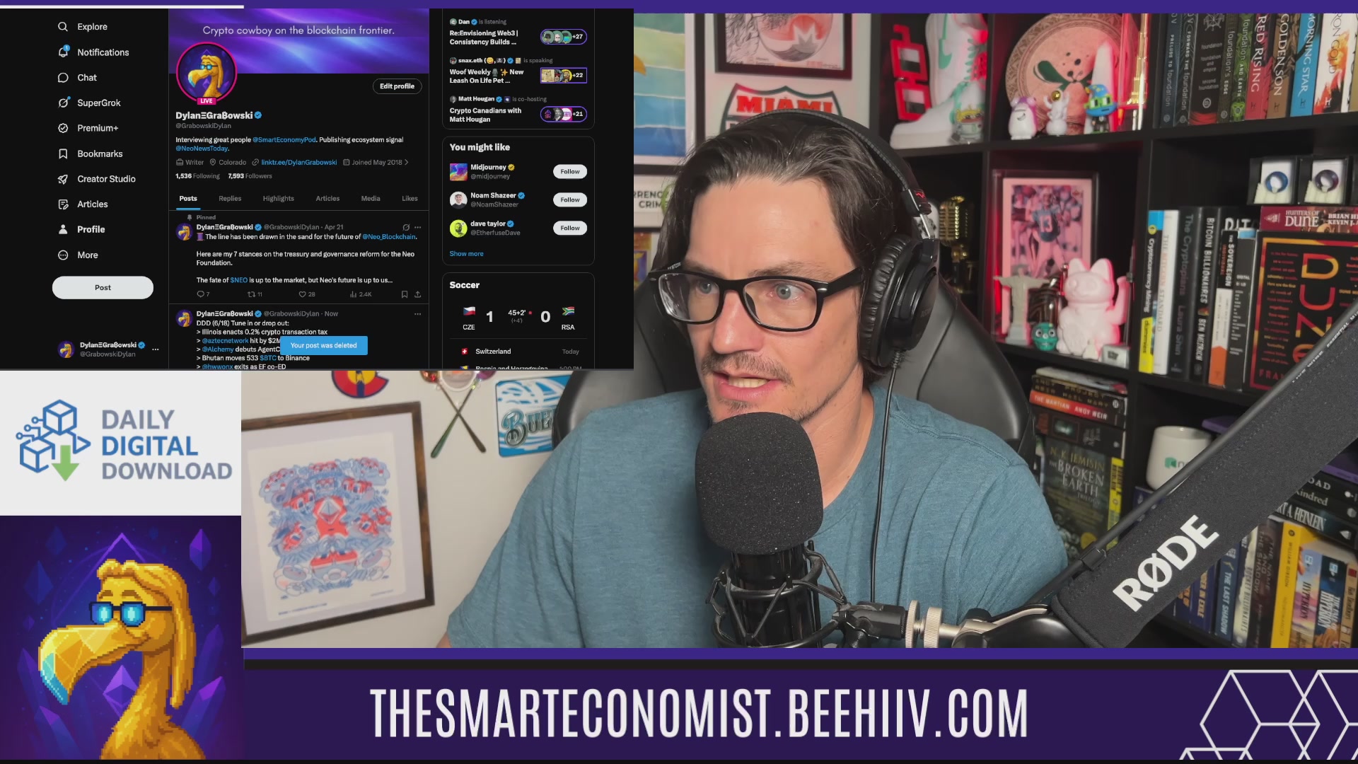 The image shows a man wearing glasses sitting at a microphone, likely recording a podcast or live stream. The background features a bookshelf filled with various books of different sizes. There are also several other people visible in the scene, but they do not appear to be directly involved with the main subject.