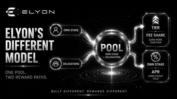 A promotional graphic for 'ELYON' titled 'ELYON'S DIFFERENT MODEL' displaying 'ONE POOL. TWO REWARD PATHS.' with diagrams showing 'OWN STAKE', 'DELEGATIONS', a central 'POOL', and reward paths for 'TIER FEE SHARE' and 'OWN STAKE APR'.