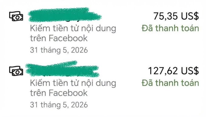 The image shows two Facebook monetization payouts — 75.35 US$ and 127.62 US$, both marked "Đã thanh toán" (Paid) on May 31, 2026 — illustrating the poster's complaint that earning money on Facebook is becoming increasingly difficult, taking nearly 3 months to accumulate such small amounts that aren't even enough to buy more of the token $RIVER.