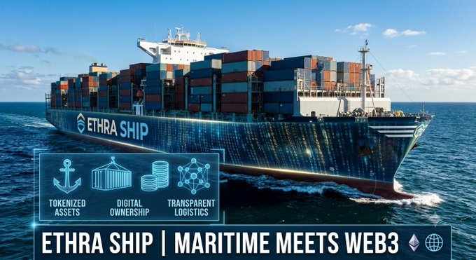A promotional image for 'ETHRA SHIP' featuring a large cargo ship on the ocean with text highlighting 'TOKENIZED ASSETS', 'DIGITAL OWNERSHIP', and 'TRANSPARENT LOGISTICS'.