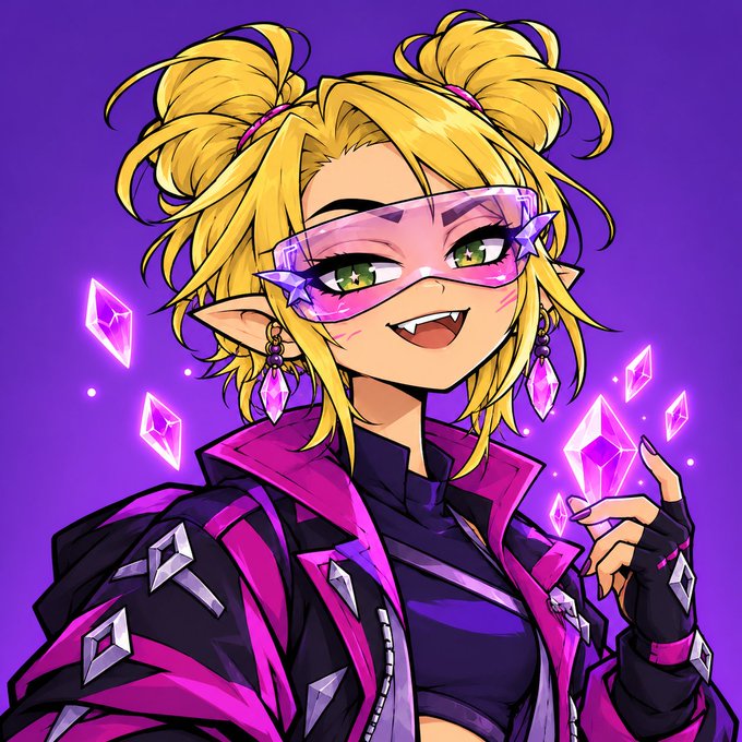 An anime-style illustration features a smiling blonde elf character with twin buns, wearing pink sunglasses and a purple outfit, surrounded by floating pink crystals.