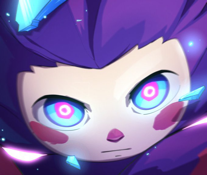 An animated character with purple hair and glowing pink-ringed blue eyes, set against a dark blue background with sparkling light effects.