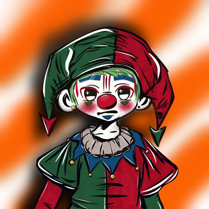 A digital illustration of a sad clown with a jester hat and red nose, dressed in green and red, against an orange and white radial background, promoting an auction drop for "FCKN CLOWNS #2" on Manifold. The artwork serves as the visual centerpiece for the NFT auction event.