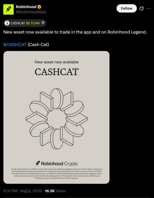 A Robinhood tweet announces a new tradable asset 'CASHCAT (Cash Cat)' at $0.15349, available on the app and Robinhood Legend, featuring a geometric cat illustration.