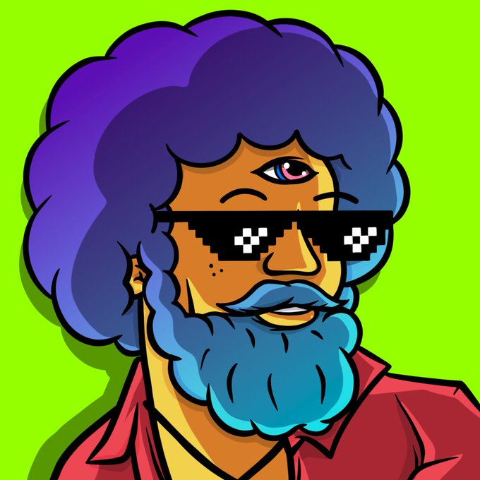 A cartoon character with purple hair, a teal beard, and pixelated "deal with it" sunglasses appears in vibrant colors, embodying the bold "Bossa Nova" swagger referenced in the post about Rob Boss, the face of the $BOSS token on Bullet. The image's flashy, confident aesthetic matches the "Don't sleep $BOSS UP" call-to-action, visually representing the cool, meme-worthy persona behind the project.