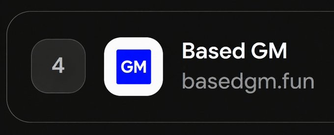 A black banner displays a blue 'GM' icon next to the text 'Based GM' and 'basedgm.fun', alongside a gray square containing the number '4'.