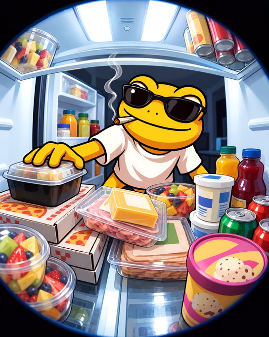 A cool cartoon turtle in sunglasses smokes a cigarette while casually grabbing takeout food from an open fridge filled with pizza, fruit cups, ice cream, and assorted drinks and cans, embodying the "fueled up" theme of the $TURBO post about staying energized for big moves.