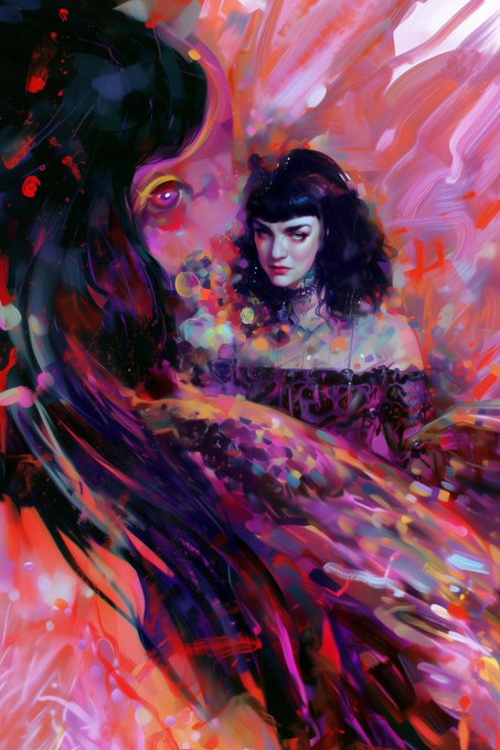 A vibrant digital painting of a woman with dark hair surrounded by swirling pink, purple, and red abstract brushstrokes and splashes.