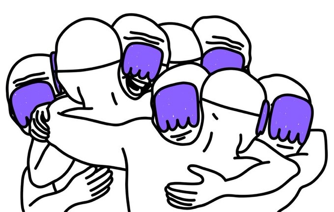 A minimalist line drawing of several figures wearing purple VR headsets, embracing and reaching toward each other.