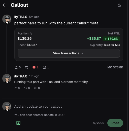 A social media 'Callout' post by user 'ilyTRAX' about a 'perfect narra to run with the current callout meta', showing position details with a Net PNL of +$86.87 and a 179.6% increase.