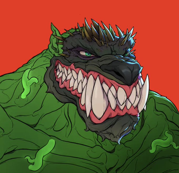 A digital illustration of a monstrous creature with green reptilian skin, sharp spikes on its head, and an exaggerated mouth full of jagged teeth against a red background.