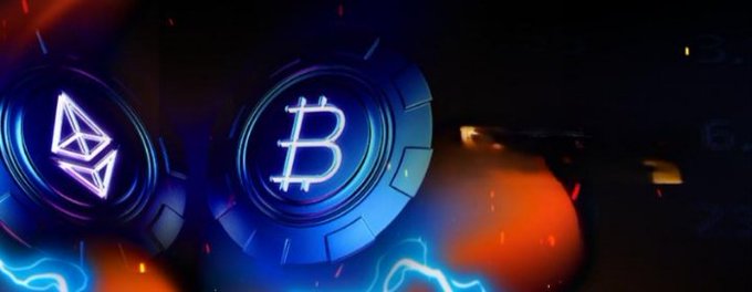 Two glowing neon cryptocurrency coins—one featuring the Ethereum (ETH) logo and the other the Bitcoin (BTC) symbol—illuminate a dark background with electric blue and orange sparks, visually symbolizing the renewed institutional momentum and competitive outperformance of both digital assets described in the post.