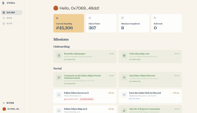 A screenshot of an Ethra user dashboard showing the profile "0x7069...48dd" with a standing of #45,306, 367 Ethra Points, 8 completed missions, and 0 referrals, alongside available tasks like reading the whitepaper, visiting the website, joining Discord, and following Ethra on X. The image supports the post by illustrating Ethra's testnet onboarding experience, where users complete missions and earn points in a shipping industry Web3 platform.