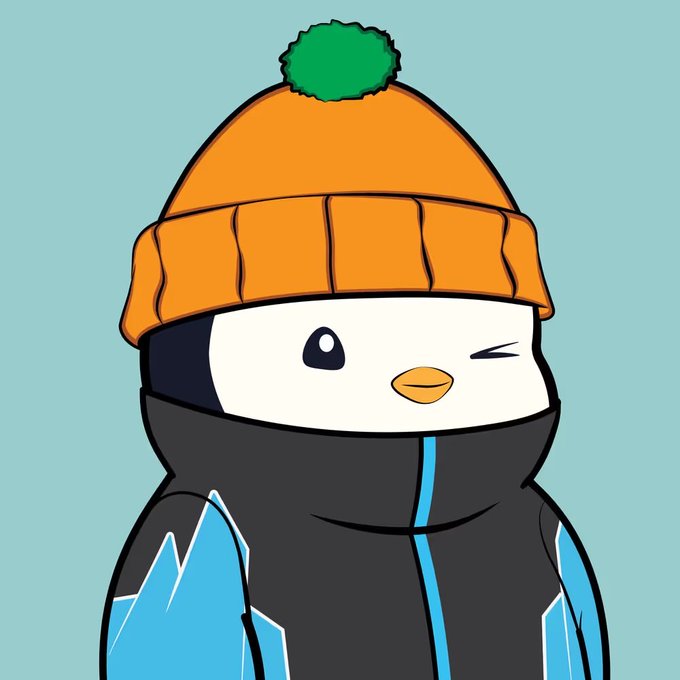 A cartoon illustration of a penguin wearing an orange knit beanie and a black and blue winter jacket, winking at the viewer against a light blue background.