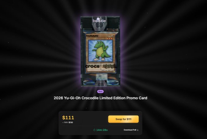 A digital storefront listing for a '2026 Yu-Gi-Oh Crocodile Limited Edition Promo Card' priced at $111 (marked down from $130), featuring a Konami-branded Yu-Gi-Oh card showing a green crocodile character with the text 'crocs' on it, available via 'Swap for $111'.