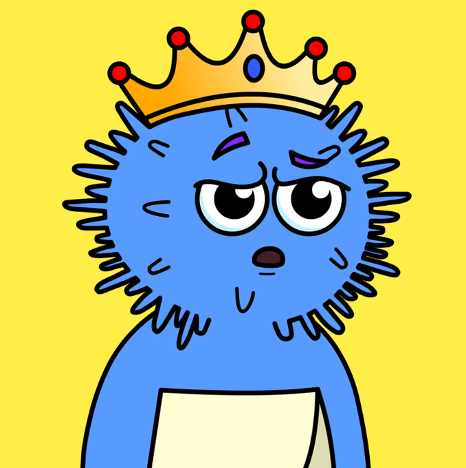 A cartoon illustration of a blue furry character wearing a gold crown with red jewels against a yellow background.