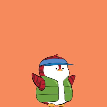 A cartoon penguin wearing a blue visor cap and green puffy vest stands against a solid orange background.