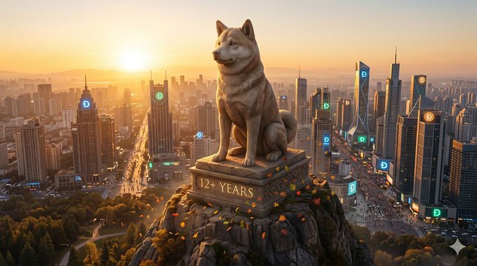 The image shows a large statue of a dog atop a cityscape at sunrise. It also features various texts such as "The best performing asset of the last decade was a meme. $DOGE was created in December 2013. Today it has a Nasdaq-listed ETF, SEC commodity status, a global community of millions, and real payment rails shipping today. Most projects die in 12 months. The ones that last a". These texts provide context about the statue's significance and its relationship to the post.