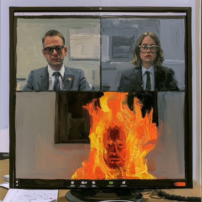 A photograph shows a painting displayed on a monitor screen, depicting two suited figures with glasses in the top panels and a figure engulfed in orange flames in the bottom panel.