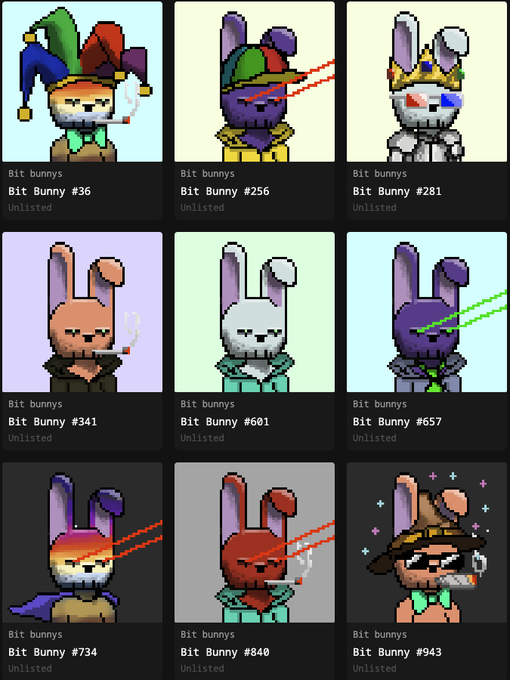 A grid of nine pixel-art 'Bit Bunny' NFTs numbered 36, 256, 281, 341, 601, 657, 734, 848, and 943, each featuring unique colors and accessories.