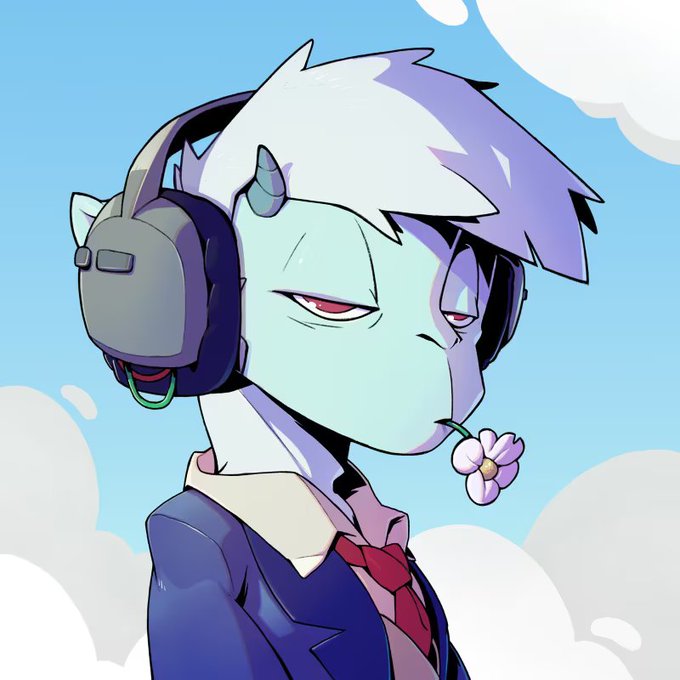 An anime-style digital illustration depicts a character with light blue skin, white spiky hair, horns, and large headphones, wearing a blue suit with a red tie and holding a pink flower in their mouth against a cloudy sky background.
