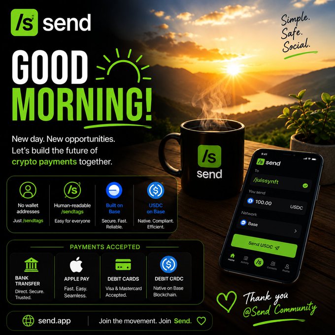 The image features a black coffee cup with a green lid, placed on a wooden table against a backdrop of mountains and a sunset. The text on the image reads "Good Morning!" and includes links to various payment methods such as Bitcoin Cash, Bitcoin, and Bitcoin Cash. The caption below the image states that the post is about sending money using cryptocurrency, which can be done through Bitcoin Cash or other cryptocurrencies like Bitcoin.