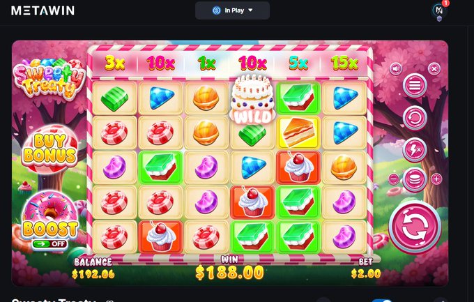 A screenshot of a colorful online slot game called 'Sweet Treats' on the Metawin platform, displaying a grid of candy and cake symbols with a win of $188.00.