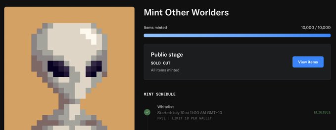 NFT mint page for 'Mint Other Worlders' collection showing a pixelated alien character, with 10,000/10,000 items minted and a sold-out public stage.