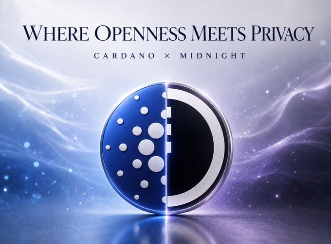 A promotional graphic for 'Cardano x Midnight' with the tagline 'WHERE OPENNESS MEETS PRIVACY', featuring a split sphere symbol against a cosmic background.