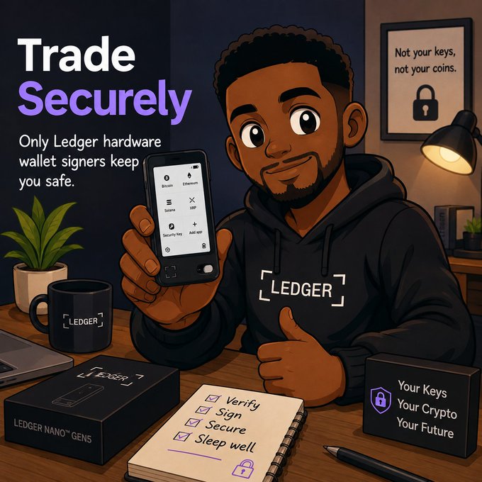 A man in a Ledger hoodie holds up a hardware wallet device, surrounded by branded Ledger merchandise including a Nano Gen5 box, mug, and a checklist reading "Verify, Sign, Secure, Sleep well," alongside a framed "Not your keys, not your coins" sign and a "Your Keys, Your Crypto, Your Future" block—visually reinforcing the post's message that true self-custody means verifying and signing transactions on your own hardware without relying on exchanges or third parties.