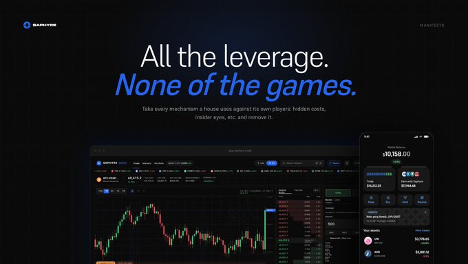 The image is a promotional webpage for "Saphyre" featuring the tagline "All the leverage. None of the games," with a description about removing hidden costs from trading. It showcases a dark-themed trading platform dashboard displaying a candlestick chart alongside a mobile interface showing a wallet balance of $10,138.00, market data, and positions including UNI at $17,738.45 and APE at $2,683.32, illustrating the perps trading platform's interface that the post mentions is now plugged into Monaco and expanding to Sei.