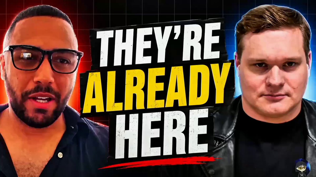 The image features two men wearing glasses with one of them speaking into a microphone while the other man looks at him, possibly listening or watching something being said. The text "They're already here" appears above the two men's heads, which is likely part of an advertisement or promotional material for some product or service related to AI and humanoid robots.