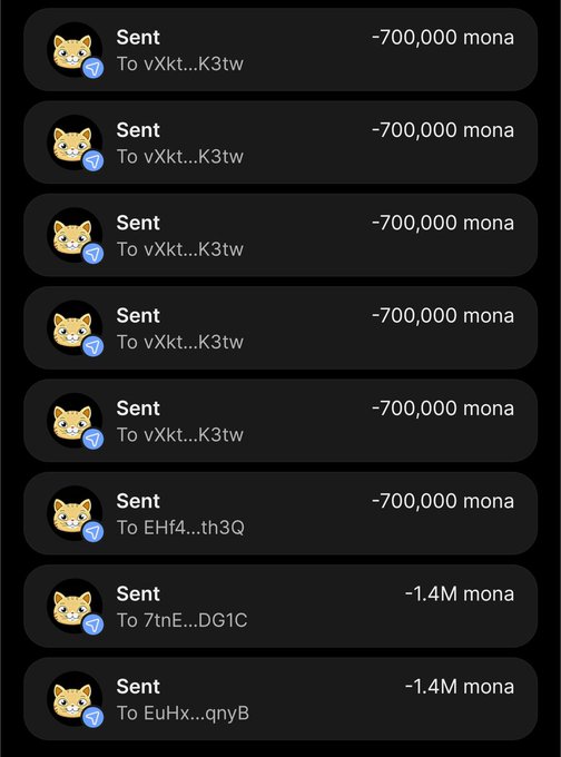 A screenshot from a crypto wallet showing eight outgoing "Sent" transactions totaling approximately 5.6M mona coins (with five transfers of -700,000 mona, one of -1.4M mona, and one of -700,000 mona) sent to various wallet addresses beginning with "vXkt," "EHI4," "7tnE," and "EuHx," illustrating the Monacoin (MONA) token distribution airdrop referenced in the tweet.