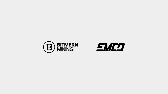 A logo graphic displays 'BITMERN MINING' on the left and 'EMCD' on the right, separated by a vertical line on a light gray background.