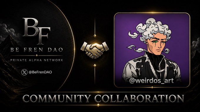 A promotional graphic for BeFrenDAO Private Alpha Network announcing a 'Community Collaboration' with @weirdos_art, featuring a stylized illustrated character with cloud-like hair.