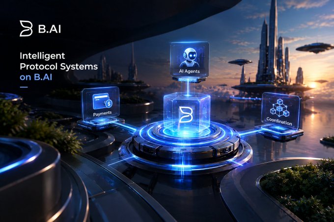 A digital promotional image for 'B.AI' showcases 'Intelligent Protocol Systems' featuring glowing blue 3D icons labeled 'AI Agents,' 'Payments,' and 'Coordination' against a futuristic cityscape.