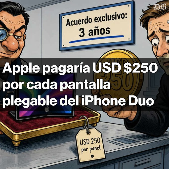 An illustration showing a sinister-looking man offering a gold coin labeled '250' to a worried man, with text in Spanish reading 'Apple pagaría USD $250 por cada pantalla plegable del iPhone Duo' (Apple would pay USD $250 for each foldable screen of the iPhone Duo), and a sign stating 'Acuerdo exclusivo: 3 años' (Exclusive agreement: 3 years).
